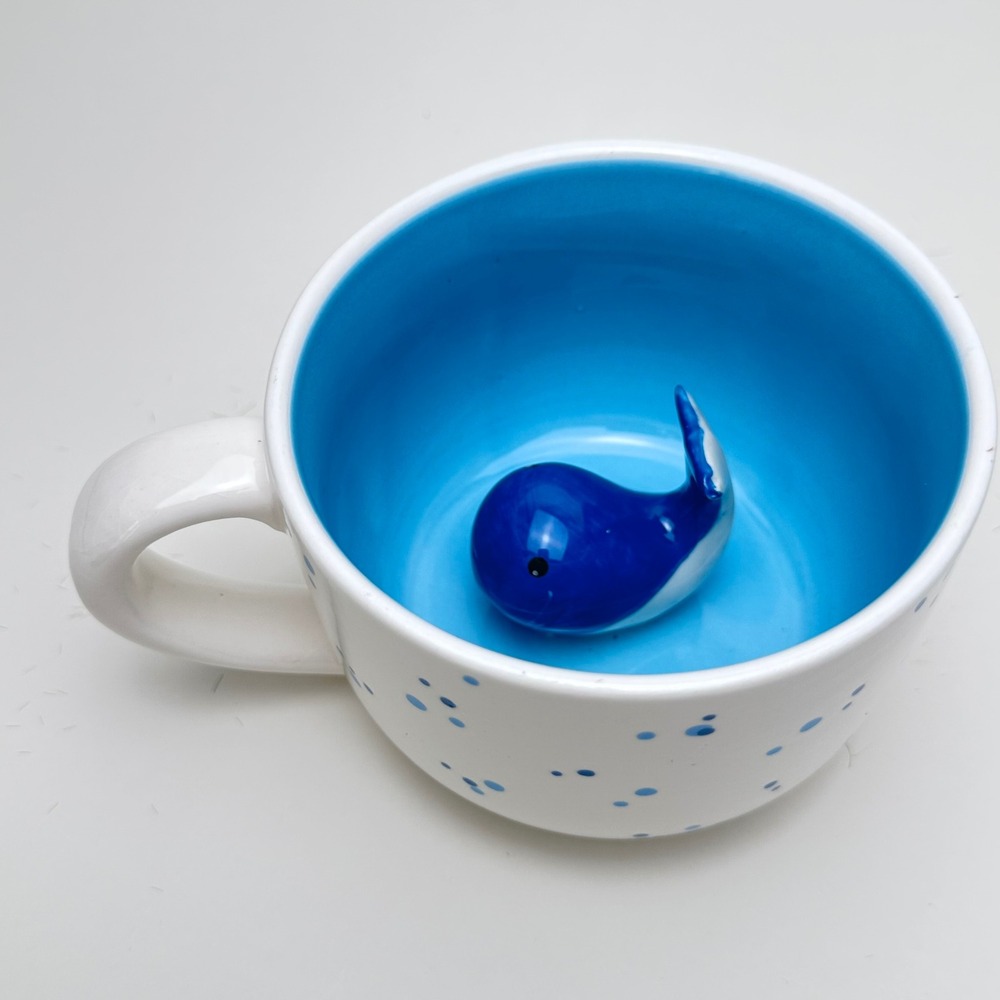 Ceramic 3D Blue Whale Hidden Surprise Mug White Blue Polka Dot Coffee Cup